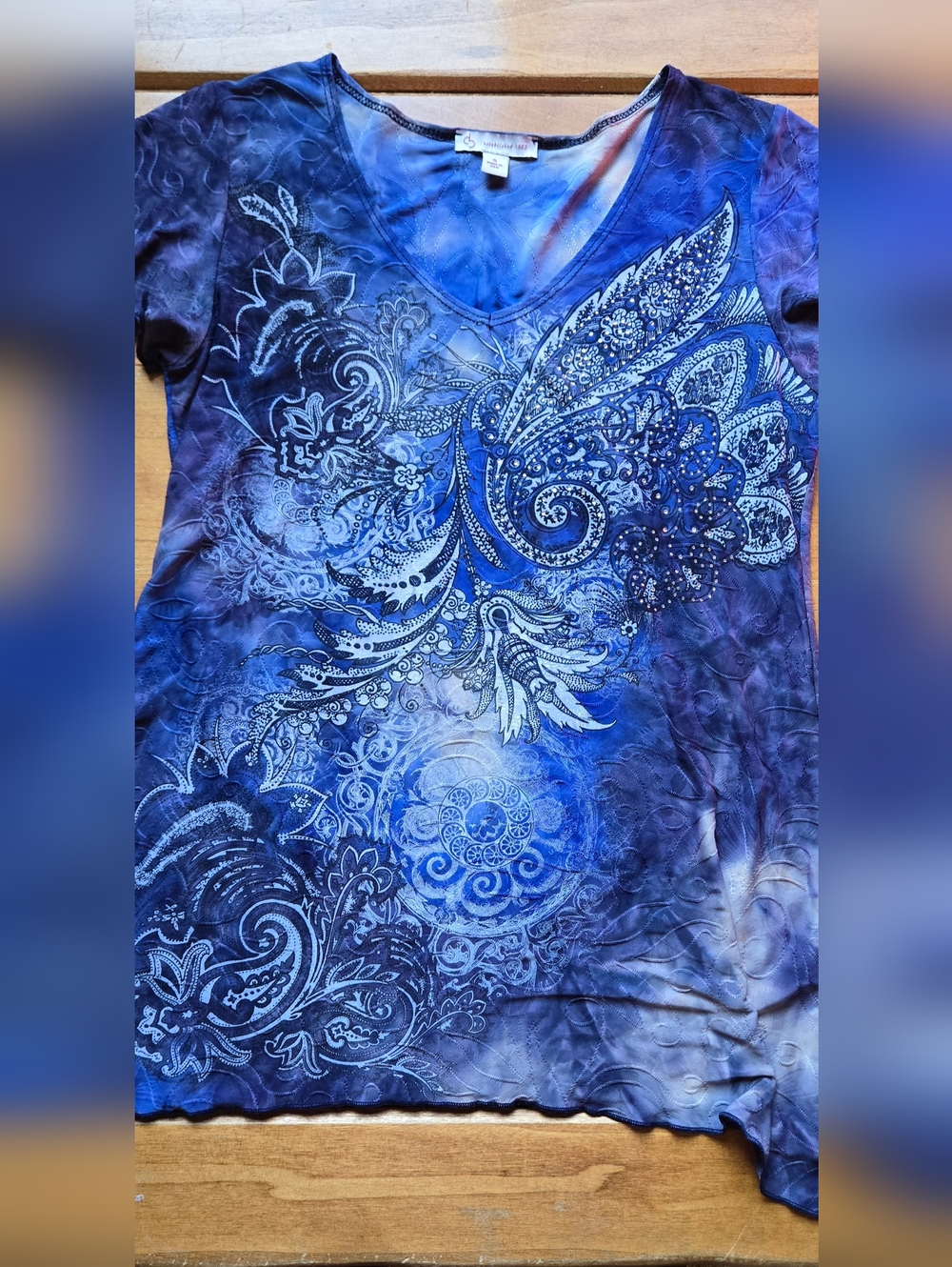 Christopher & Banks Blue Paisley Embellished Top Asymmetrical Hem Size Small - Picture 10 of 11